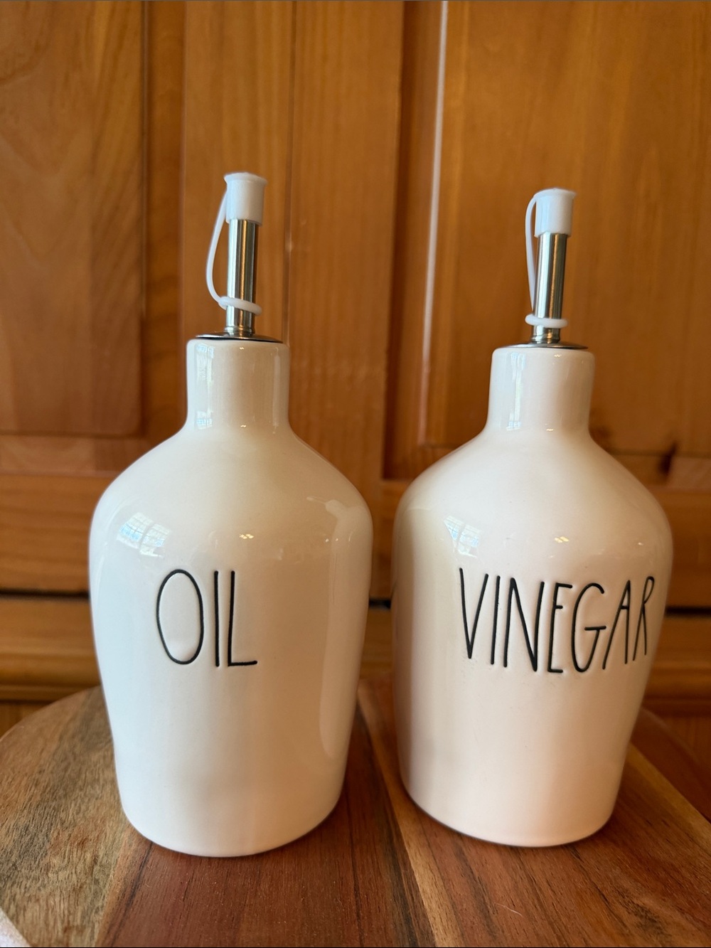 Rae Dunn White Ceramic Oil & Vinegar Bottles with Pour Spouts